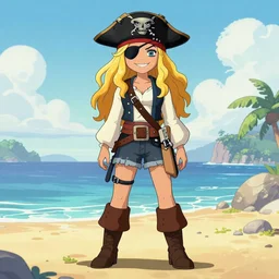 Joshua Middleton comic art, pretty female Phoebe Tonkin, pirate, eye patch over left eye, evil smile, symmetrical face, symmetrical eyes, pirate clothing, long wavy blonde hair, full body:: sunny weather::