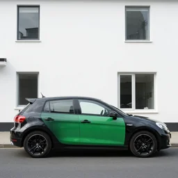black car with green doors, In front of a white house, photo, ultra realistic, 8k
