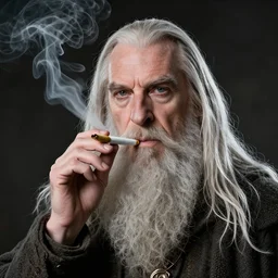 a closeup studio photographic portrait of gandalf smoking a joint, studio lighting