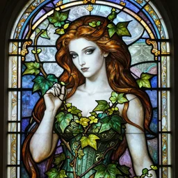 a stunningly detailed stained glass window of a beautiful alison hannigan as poison ivy with white skin, dark eyeliner, intricate, elegant, highly detailed, digital painting, artstation, concept art, sharp focus, illustration, art by greg rutkowski and alphonse mucha