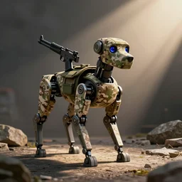 robotic dog with a gun on its back and in military camouflage, camera photo