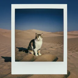 a cat in the dunes of the moon, polaroid, vintage photo, grainy, damaged, faded, highly detailed realistic, 5 0 mm, dslr, hd, 8 k, hasselblad film bokeh, soft light photographed on expired color film