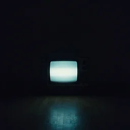 a completley dark room with an old tv in the middle giving off a faint glow,