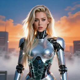 portrait of a cyborg racer miley cyrus, shattered glass, cinematic light, backlight, orange sky blue, mist, clouds, by mikhail vrubel, by philippe druillet, by wlop, by peter elson, by gerald brom, muted colors, ( extreme detail ), trending on artstation, 8 k