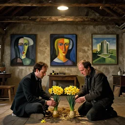 two sicilian gangsters dealing daffodils in a quiet barn, inside the barn, rustic, zenithal lighting, epic shot, cinematographic shot, quantin tarantino, georgia o keeffe and edward hopper and georg baselitz, trending on artstation, cubism, matte paining,