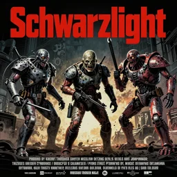 Poster for the Movie Schwartzlicht,about Chinese Russian Zombie Troopers Designed By Yasushi Nirasawa battle Japanese America Cyborgs Designed by Syd Mead and Giger, 1970s style, very detailed bold text says: Schwarzlicht