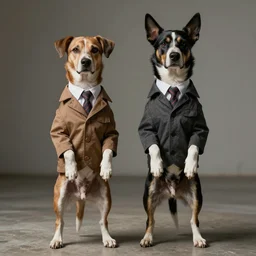 a william wegman photograph of two dogs standing on hind legs in human clothing by ryan mcginley 4k, hyperrealistic, focused, extreme details, unreal engine 5, cinematic, masterpiece, high resolution, detailed,