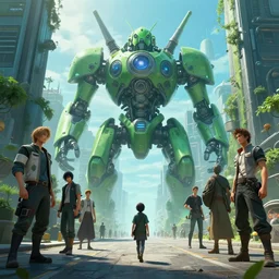 a portrait of a small person in the middle foreground walking in the street of a great green and blue mechanical city by Greg Rutkowski, Sung Choi, Mitchell Mohrhauser, Maciej Kuciara, Johnson Ting, Maxim Verehin, Peter Konig, final fantasy , mythical, 8k photorealistic, cinematic lighting, HD, high details, atmospheric,
