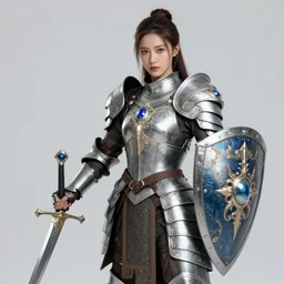 a fantasy warrior woman with sword drawn and in hand, shield in the other hand in a heroic pose, beautiful exaggerated ornate armor with gem embedded in the center, cinematic, magical energy emanating from it, high resolution