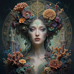 hyperrealistic photo of the uniquely beautiful young goddess of fractal coral reefs morphed together with an elaborate cyberpunk fractal mycelium cathedral of sea flowers and sea creatures, strong cyberpunk make - up, emotionally evoking symbolic metaphors, head in focus, heavily ornamental, sacred geometry sublime, elegant, sensual, etheric, moody, highly detailed digital painting, artstation, golden ratio, sharp focus, art by h. r. giger and ernst haeckel, alphonse mucha, gustav klimt,