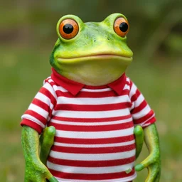 frog dressed as waldo from where's waldo, red and white striped shirt