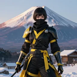 portrait ninja gaiden girl, black plus yellow ninja wardrobe, at snowy fuji mountain sunrise, ssci - fi and fantasy, intricate and very very beautiful, detailed, digital painting, artstation, concept art, smooth and sharp focus, illustration, art by tian zi and wlop and alphonse mucha