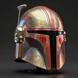 an artistic and realistic 8k sculpture of a mandalorian helmet, liquid simulation, bright psychedelic color, dramatic lighting, silver gold red details, filigree, intricate details, cinematic, elegant, octane render, art nouveau, 8k post-processing, intricate art by John Collier and Albert Aublet and Krenz Cushart and Artem Demura and Alphonse Mucha