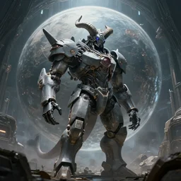 Techno-God is an ancient mechanical gray giant horned humanoid standing in the inside a huge spherical megastructure, fantasy art, 8k