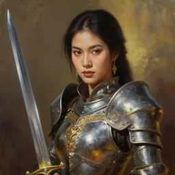 greg manchess oil matte portrait painting, thai female knight with beautiful face, sword and shield, wonderful masterpiece highly detailed, scifi, beautiful cinematic light deep focus, elegant, digital painting, smooth, sharp focus, golden ratio, dramatic illumination, ultra realistic, 4 k, art by greg rutkowski wlop rossdraws
