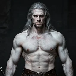 a medieval portrait of a tall warrior with grey hair and big muscles, light blue eyes and body full of scars, his skin in extremely white and grim looking, mysterious