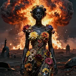 A portrait of a woman wearing clothes made out of dying flowers, nuclear explosion in the background, Masterpiece, deep black skin, glowing, wires everywhere, by Edgar Maxence and Ross Tran, Zdzisław Beksiński, and Michael Whelan, distant, gustav dore, H.R. Giger, 8k, octane render