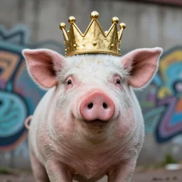 a graffiti of a pig wearing a gold crown, depth of field, XF IQ4, 50mm, F1.4, ISO 200, 1/160s, natural light