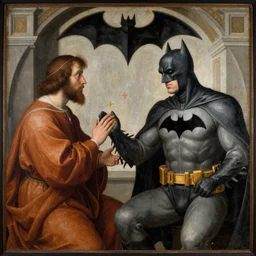 medieval painting of top renaissance artist having a discussion with batman drawn by maestro in style of renaissance