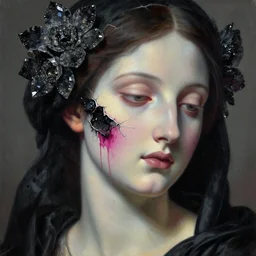 hyperrealism close - up mythological portrait of a beautiful medieval woman's fractured face blended with dark obsidian and crystallic flowers in style of classicism, pale skin, ivory make up, wearing black silk robe, dark and dull palette acrylic paintdrip and magenta tar, repaired with kintsugi