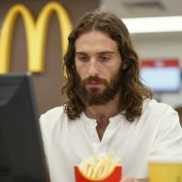 closeup portait of jesus working as a cashier at macdonalds