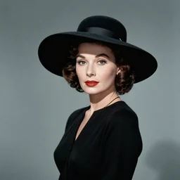 A photograph of Marlene Dietrich wearing black clothes and a black hat. Color.