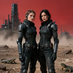 cinestill 5 0 d 3 5 mm photographic portrait of two loving female androids wearing rugged black techwear on a desolate plain with a red sky, lizard on ground, cyberpunk style, a brutalist dark metal facility in background, dust storm, 8 k, high resolution, f / 3. 2, ultra realistic faces