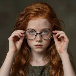a small, skinny 1 7 - year - old girl with a thin face, red hair, freckles and green eyes. round glasses held together with tape and a thin scar on his forehead, 8 k, sensual, hyperrealistic, hyperdetailed, beautiful face, long ginger hair windy, dark fantasy, fantasy portrait by laura sava