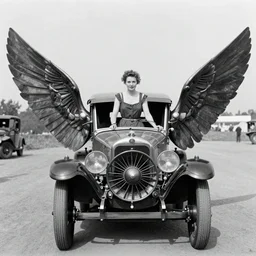 an oldie car with wings and turbine, steam punk, black-white retro photo 1910, woman in front