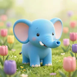 a little blue elephant on a field of tulips extreme detail, octane render, trending on artstation, 4 k, medium shot, symmetrical, bokeh, volumetric backlighting.