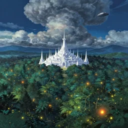 highly detailed illustration of a giant forest with fireflies and futuristic white temples at night and lots of cummulonimbus clouds and a spaceship by makoto shinkai, by moebius!, by oliver vernon, by joseph moncada, by damon soule, by manabu ikeda, by kyle hotz, by dan mumford, by kilian eng