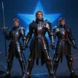 movie still frame, heroic fantasy armored knights with black armor covered in blood in epic pose, a blue star in the background, beautiful composition, 8 k, cgi, by ridley scott, zack snyder and michael bay