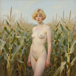 a portrait of a posed petite blonde woman in a cornfield, great body, 1 9 2 0 s, oil painting, pale colors, high detail, 8 k, wide angle, trending on artstation,