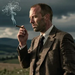 jason statham in peaky blinder's style smoking sigarette