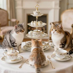 three cats enjoying a fancy english tea party, 2 4 mm, f / 2. 8