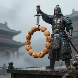a bronze bracelet carved into the shape of cookie, hang on a sharp edge of a silver sword, held by a soldier in Dark steel armour from Ming dynasty on a high platform, China, smokey, rainy atmosphere with great dignity, foggy atmosphere , Bottom view