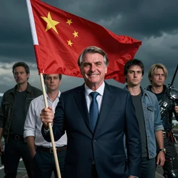 A portrait of the  Brazilian president bolsonaro  holding a red flag by Greg Rutkowski, Sung Choi, Mitchell Mohrhauser, Maciej Kuciara, Johnson Ting, Maxim Verehin, Peter Konig, final fantasy, 8k photorealistic, cinematic lighting, HD, high details, dramatic, atmospheric , trending on artstation