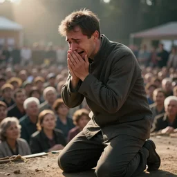close up photo of staling standing on his knees, crying so bad, and asking for forgiveness from hundreds of thousands of people