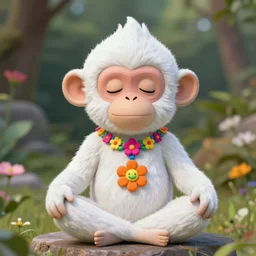 colorful flowerpunk white monkey meditation, natural background, fantasy character