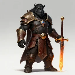 strong young man, bugbear ranger, black beard, dungeons and dragons, pathfinder, roleplaying game art, hunters gear, flaming sword, jeweled ornate leather armour, concept art, character design on white background, by studio ghibli, makoto shinkai, kim jung giu, poster art, game art, rendered