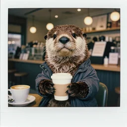 anthropomorphic furry otter wearing cool clothes in a coffee shop, trending on art station, furaffinity, leonid afremov, petros afshar, polaroid, expired film