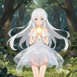 full body cute bombshell anime waifu woman with white floating hair, translucent white magical girl dress. holding tiny glowing star. isekai enchanted forest, symmetrical face. symmetrical detailed defined eyes. beautiful lineart. pixiv # 1 ranking depth of focus, chromatic aberration, noise, soft lighting, srgb, 4 k, by kuvshinov and ross tran