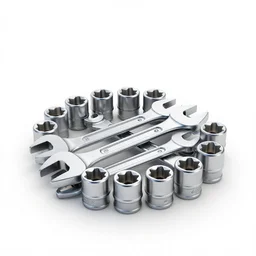 handcrafted socket wrench set, clean 3d render, octane render, isolated on a pure white background, centered, entire object in frame, sharp focus, soft studio lighting