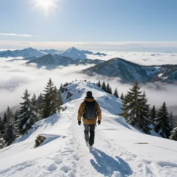 a hyper detailed photo of walking across a summit of a beautiful winter mountain range above the clouds, snow, pines, photorealistic, unreal engine 5, 8 k post production, cinematographic, ray tracing, v - ray, octane render, go pro, artstation trending, concept art