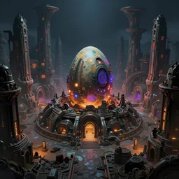 ancient city, ruins, alien nest in the middle, large egg in the middle, glowing lights on egg, cyberpunk, sci - fi, colorfully, dark mood, detailed illustration, dark climate, digital art, highly saturated colors, overdetailed art, concept art, detailed illustration, hd, 4 k, digital art, greg rutkowski, dan mumford, wlop, trending on artstation