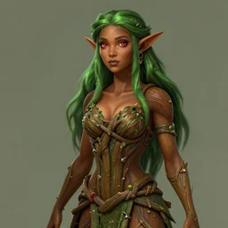beautiful wood elf, female, green hair, brown skin, red eyes, ornamental dress made of branches, high fantasy, extremely detailed, digital illustration, by rossdraws, wlop, artgerm