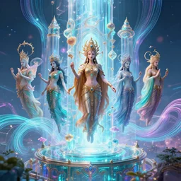 mysterious ancient dieties hovering over magical glass temple, infinite quantum waves, synthwave, bright neon colors, highly detailed, cinematic by ernst steiner