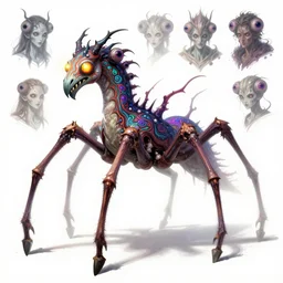 Pearl Vois ghostly spider horse creature character design sheet, Monster Hunter Illustrations art book, long creepy legs, claws, multiple eyes, venomous, intricate colored patterns over its body, bright shining eyes, Moebius, Greg Rutkowski, Zabrocki, Karlkka, Jayison Devadas, Phuoc Quan, trending on Artstation, 8K, ultra wide angle, zenith view, pincushion lens effect.