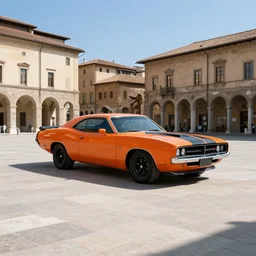 A_black_and_orange marble_sculpture_of_The_Orange_Dodge_charger_in_the_middle_of_an_Italian_piazza_midday_4k_photograph_sunny_day_long_shot_-W_1024
