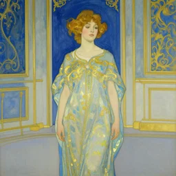 a girl in a blue and gold liminal haunted ivory room, film still by goya, by koloman moser, elegant drawing, digital painting, jugendstil, art noveau, strong lights, flat colors, pastel colors